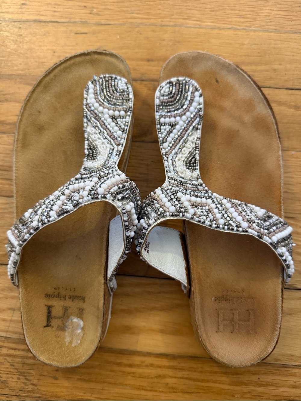 Haute Hippie White and Silver Beaded T-strap Sandals